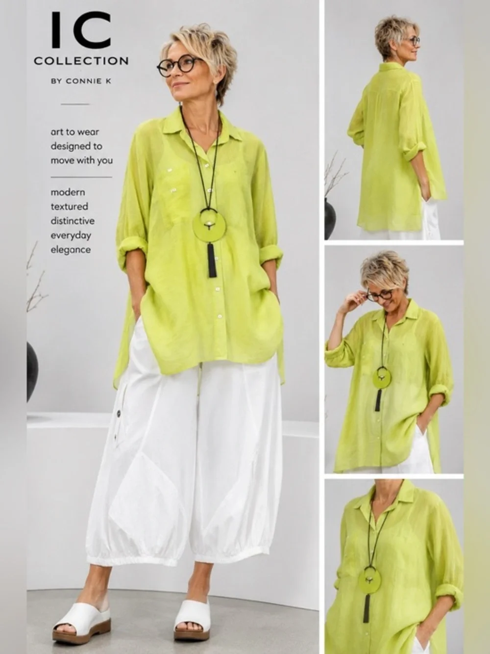 IC COLLECTION CONNIE K SHEER LIME BUTTON DOWN FLOWY ARTIST TOP SZ 3X - Picture 1 of 5
